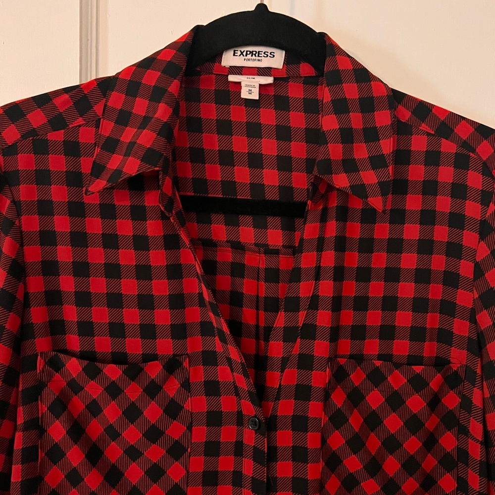 Express Red and Black Blazer Bold Plaid Design